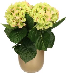 Merkloos Hortensia kunstplant kunstbloemen 36 cm groen roze in pot goud Kunstplanten