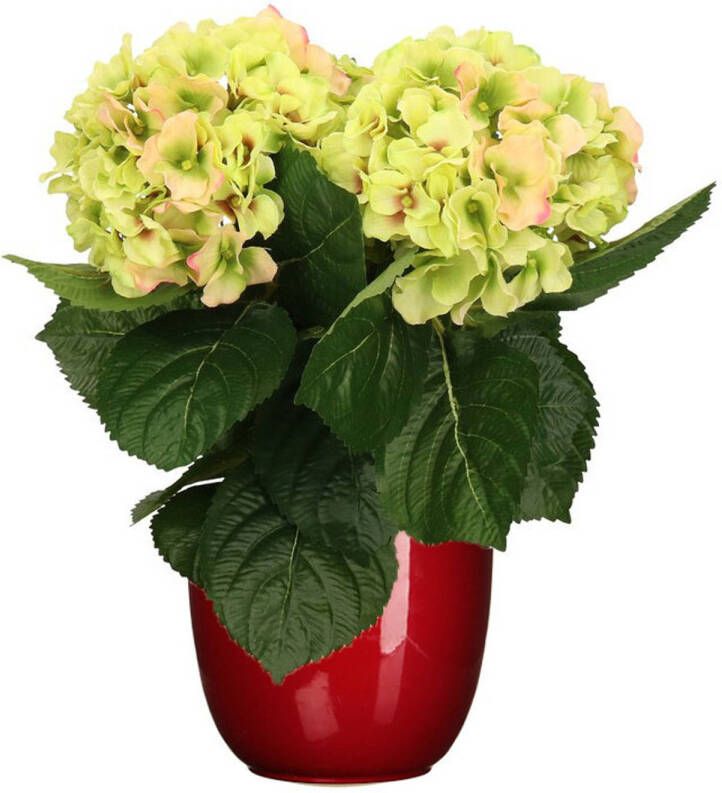 Merkloos Hortensia kunstplant kunstbloemen 36 cm groen roze in pot rood glans Kunstplanten
