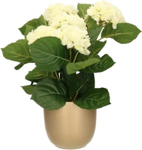 Merkloos Hortensia kunstplant kunstbloemen 36 cm wit in pot goud glans Kunstplanten
