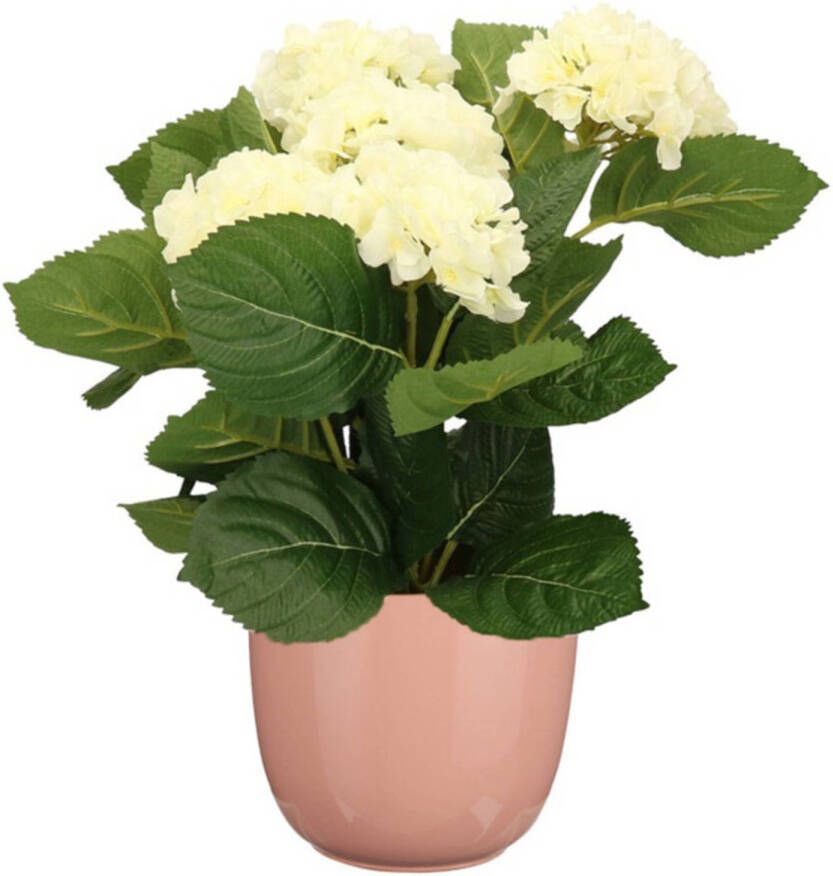 Merkloos Hortensia kunstplant kunstbloemen 36 cm wit in pot lichtroze glans Kunstplanten