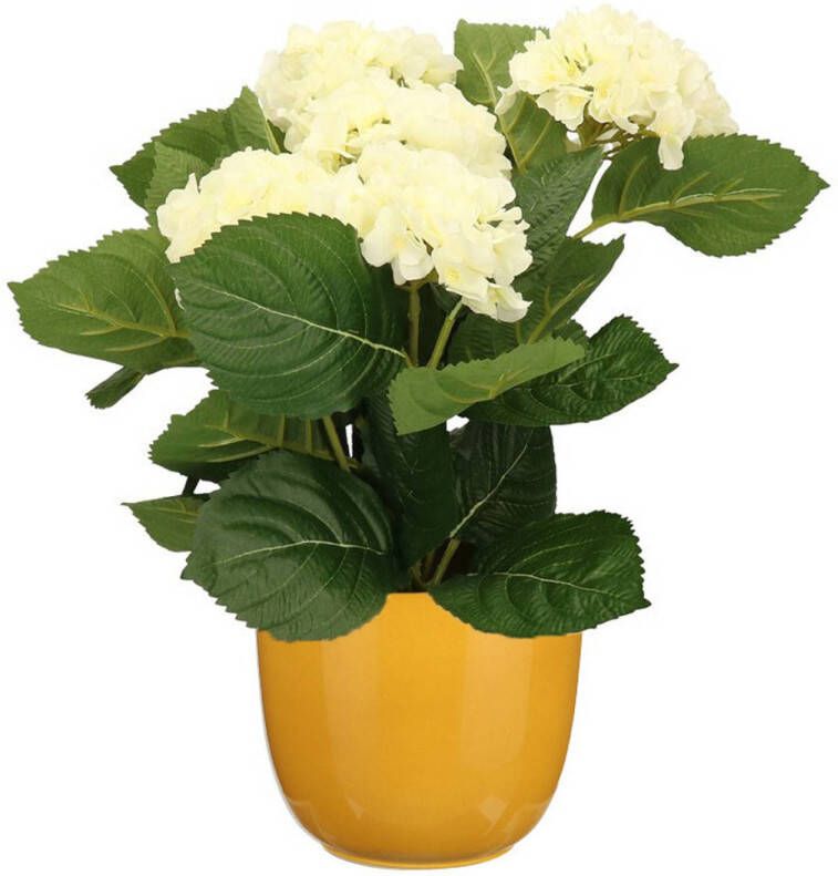 Merkloos Hortensia kunstplant kunstbloemen 36 cm wit in pot okergeel glans Kunstplanten
