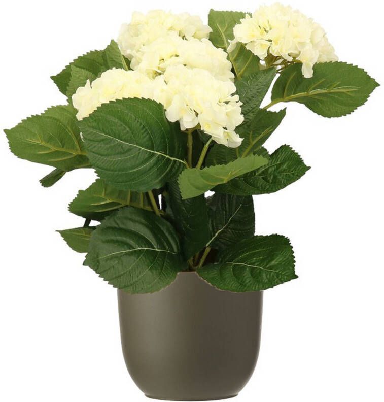 Merkloos Hortensia kunstplant kunstbloemen 36 cm wit in pot olijfgroen mat Kunstplanten