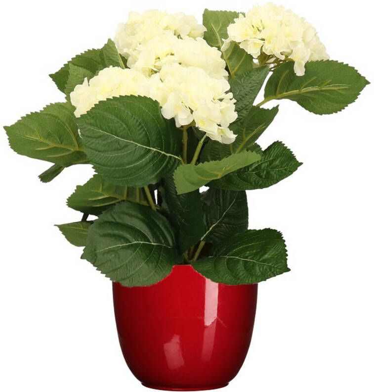 Merkloos Hortensia kunstplant kunstbloemen 36 cm wit in pot rood glans Kunstplanten