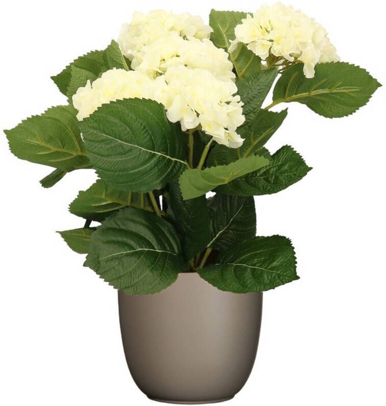 Merkloos Hortensia kunstplant kunstbloemen 36 cm wit in pot taupe mat Kunstplanten