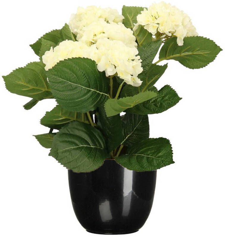 Merkloos Hortensia kunstplant kunstbloemen 36 cm wit in pot zwart glans Kunstplanten