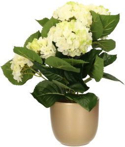 Merkloos Hortensia kunstplant kunstbloemen 36 cm wit groen in pot goud glans Kunstplanten