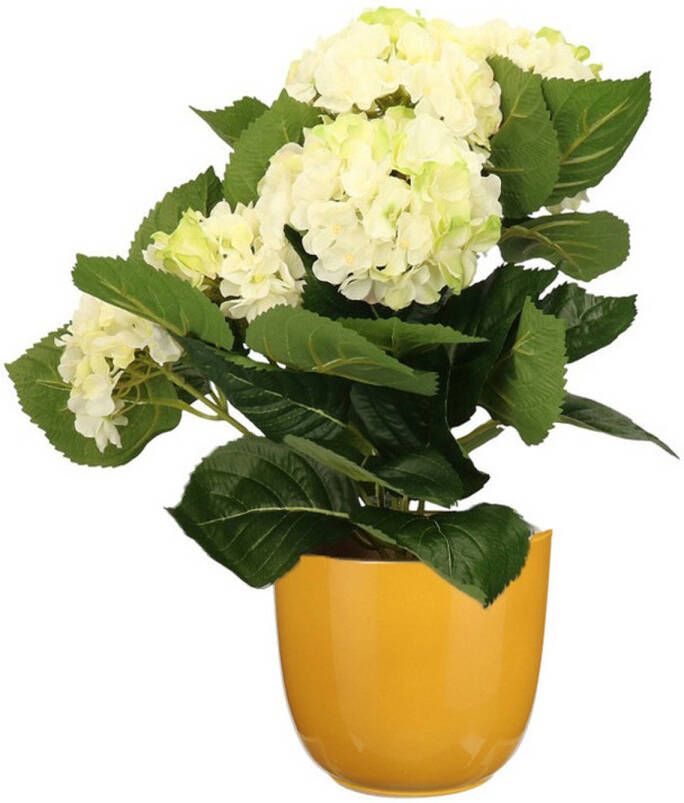 Merkloos Hortensia kunstplant kunstbloemen 36 cm wit groen in pot okergeel glans Kunstplanten