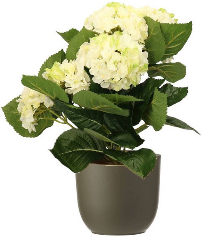 Merkloos Hortensia kunstplant kunstbloemen 36 cm wit groen in pot olijfgroen mat Kunstplanten