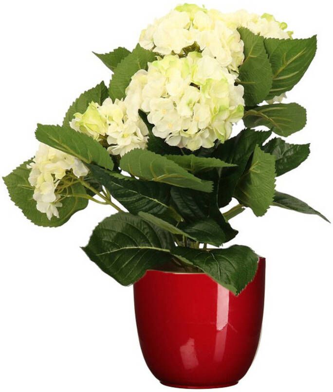 Merkloos Hortensia kunstplant kunstbloemen 36 cm wit groen in pot rood glans Kunstplanten