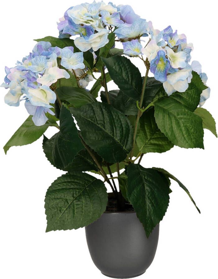 Merkloos Hortensia kunstplant kunstbloemen 40 cm blauw in pot mat zwart Kunstplanten