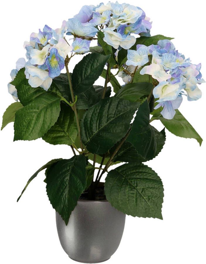 Merkloos Hortensia kunstplant kunstbloemen 40 cm blauw in pot metallic grijs Kunstplanten