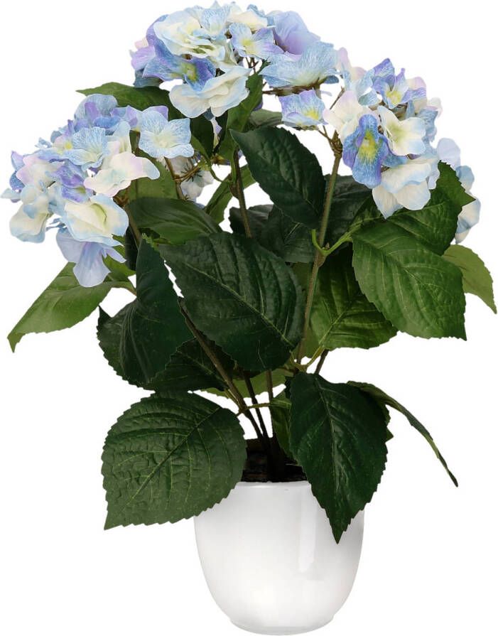 Merkloos Hortensia kunstplant kunstbloemen 40 cm blauw in pot wit glans Kunstplanten