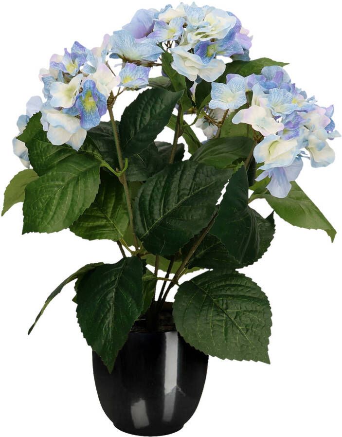 Merkloos Hortensia kunstplant kunstbloemen 40 cm blauw in pot zwart glans Kunstplanten