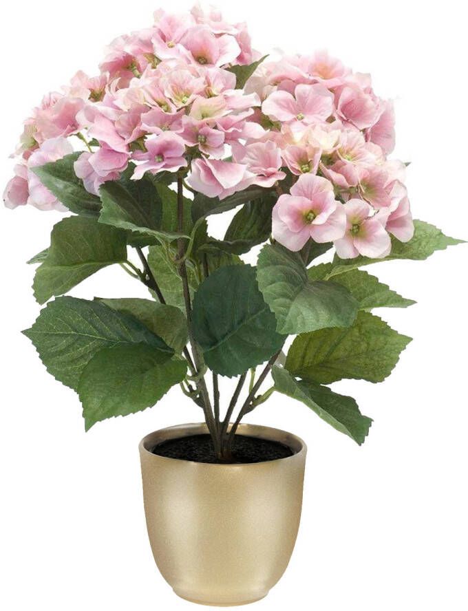 Merkloos Hortensia kunstplant kunstbloemen 40 cm roze in pot goud mat Kunstplanten