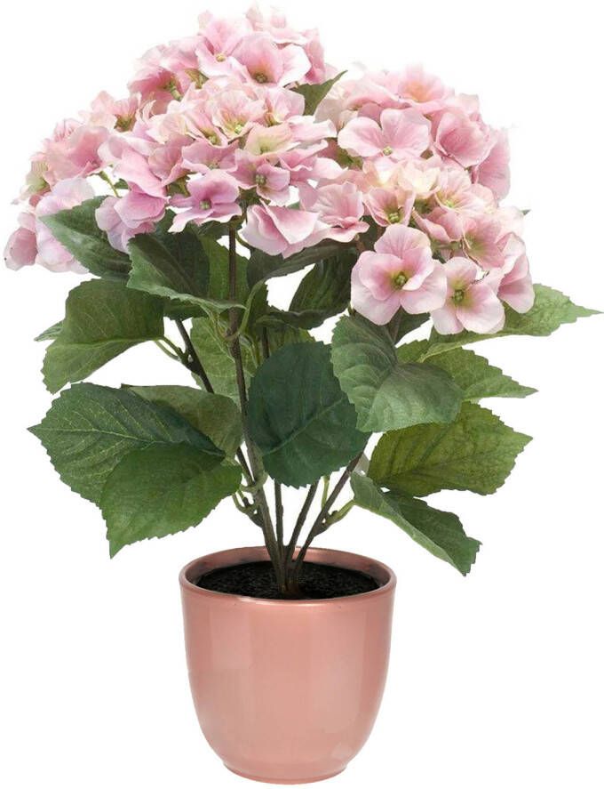 Merkloos Hortensia kunstplant kunstbloemen 40 cm roze in pot lichtroze glans Kunstplanten