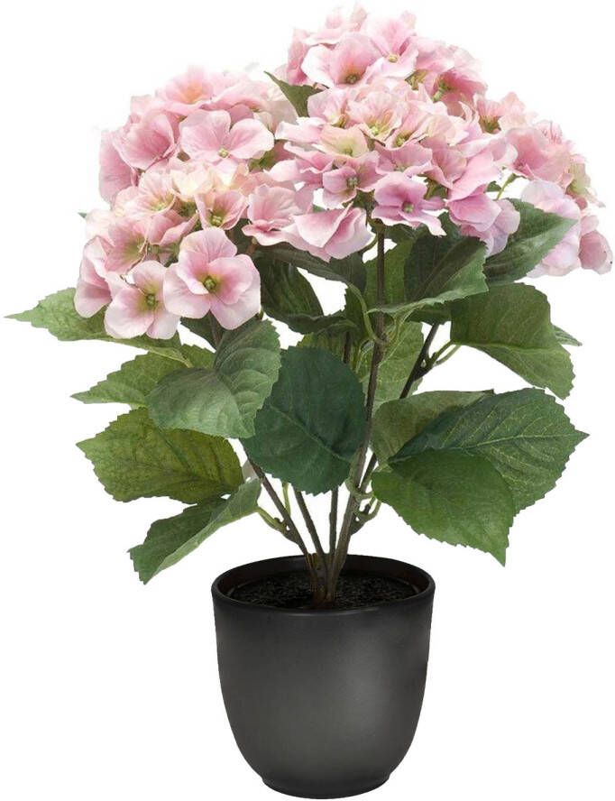 Merkloos Hortensia kunstplant kunstbloemen 40 cm roze in pot mat zwart Kunstplanten