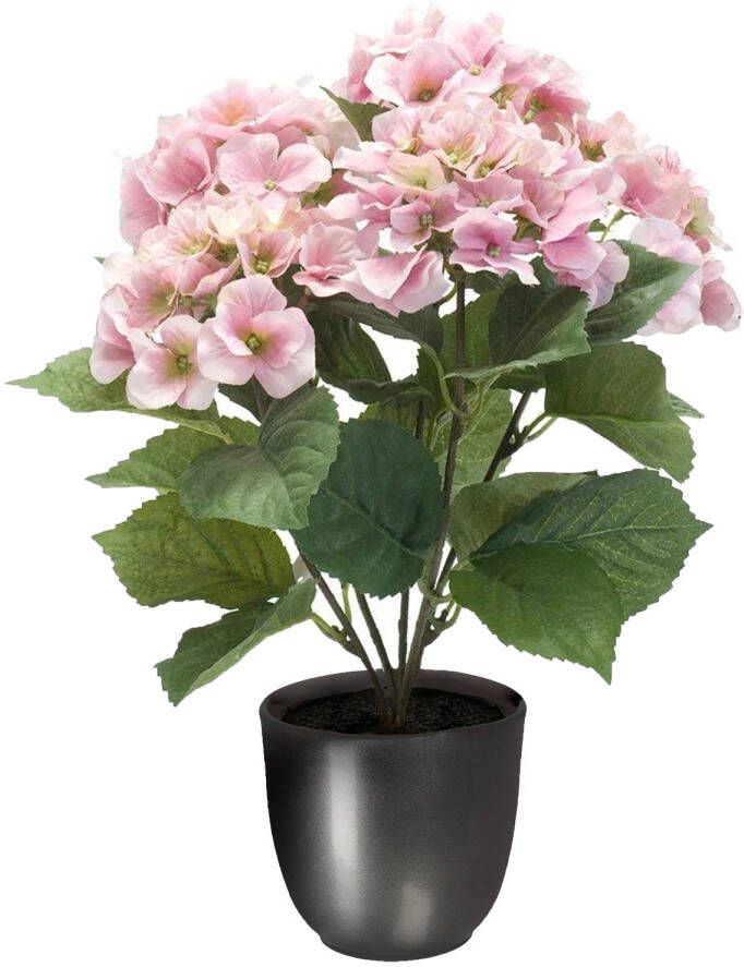Merkloos Hortensia kunstplant kunstbloemen 40 cm roze in pot metallic grijs Kunstplanten