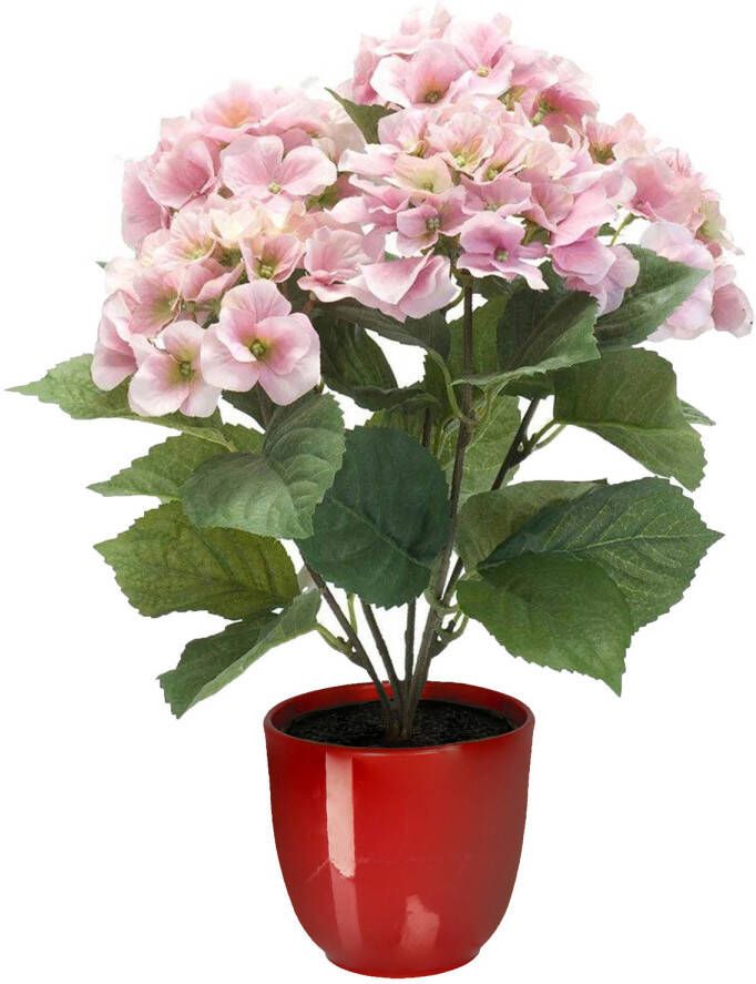 Merkloos Hortensia kunstplant kunstbloemen 40 cm roze in pot rood glans Kunstplanten
