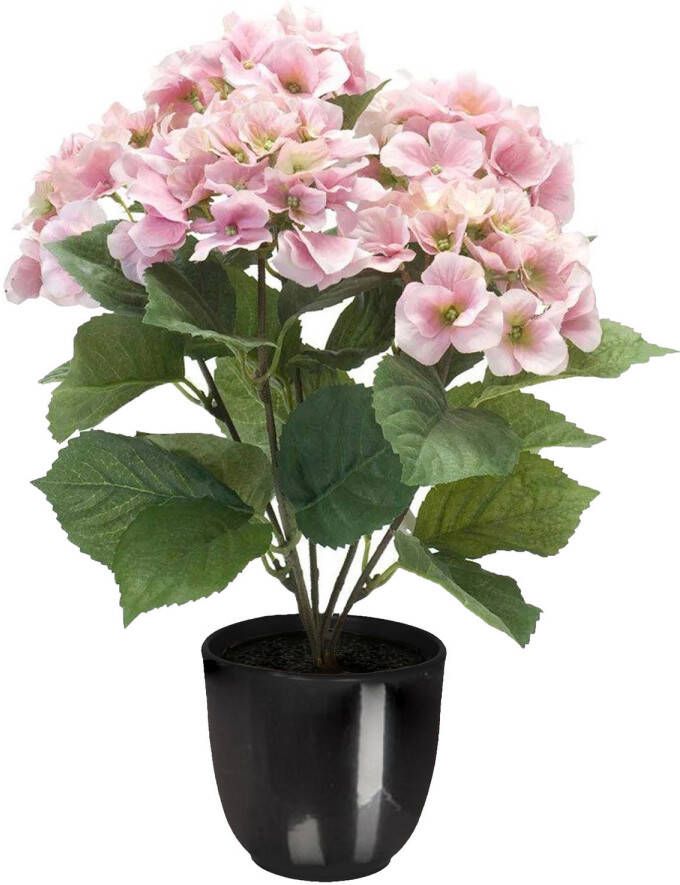 Merkloos Hortensia kunstplant kunstbloemen 40 cm roze in pot zwart glans Kunstplanten