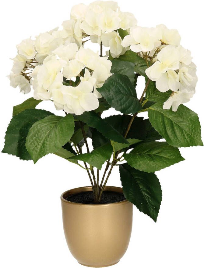 Merkloos Hortensia kunstplant kunstbloemen 40 cm wit in pot goud mat Kunstplanten