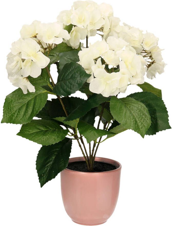 Merkloos Hortensia kunstplant kunstbloemen 40 cm wit in pot lichtroze glans Kunstplanten