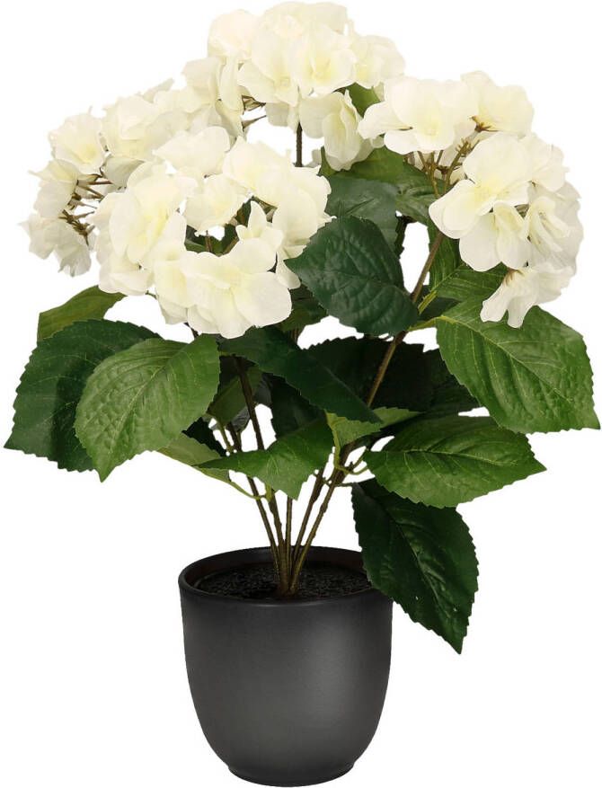 Merkloos Hortensia kunstplant kunstbloemen 40 cm wit in pot mat zwart Kunstplanten