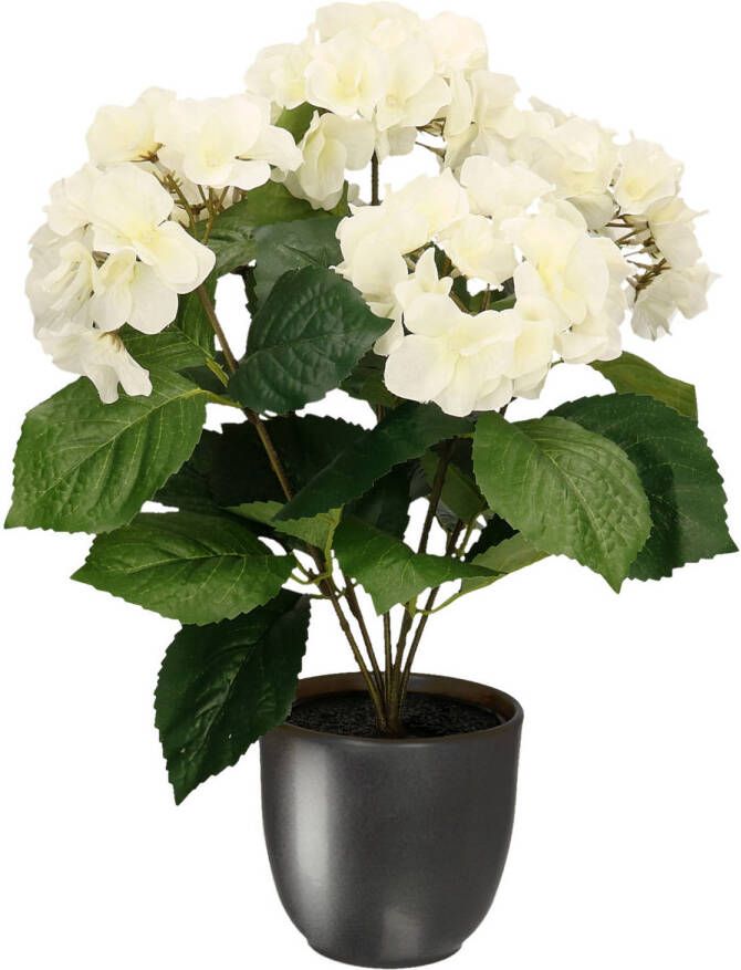 Merkloos Hortensia kunstplant kunstbloemen 40 cm wit in pot metallic grijs Kunstplanten