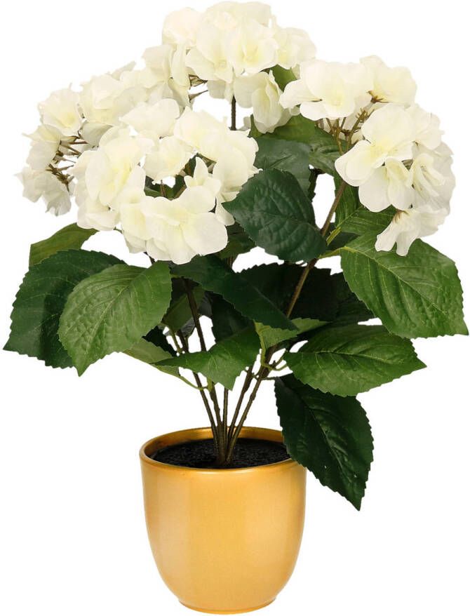 Merkloos Hortensia kunstplant kunstbloemen 40 cm wit in pot okergeel glans Kunstplanten
