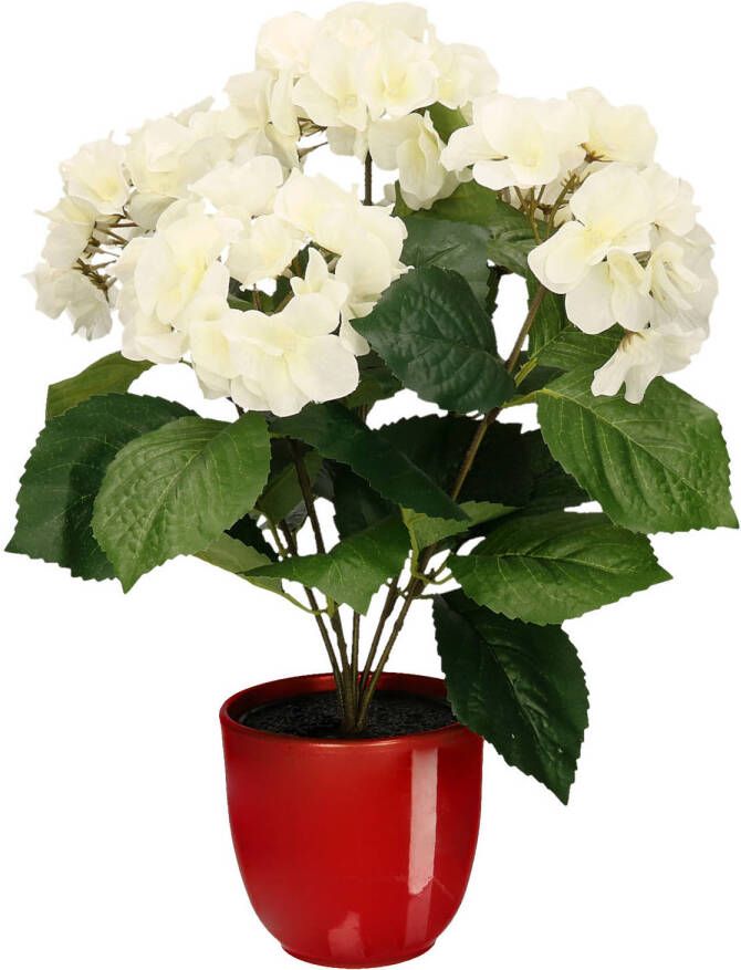 Merkloos Hortensia kunstplant kunstbloemen 40 cm wit in pot rood glans Kunstplanten