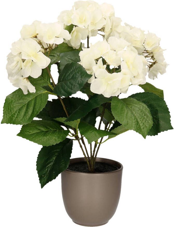 Merkloos Hortensia kunstplant kunstbloemen 40 cm wit in pot taupe mat Kunstplanten