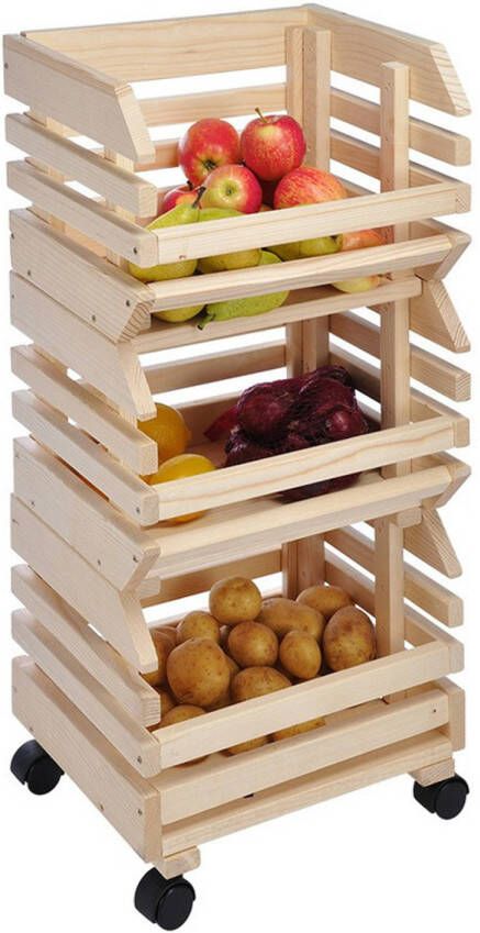 Merkloos 3-Delige houten fruitkar karretje met houten fruitkisten 80 cm Fruitschalen fruitkistjes trolley Opberg trolley