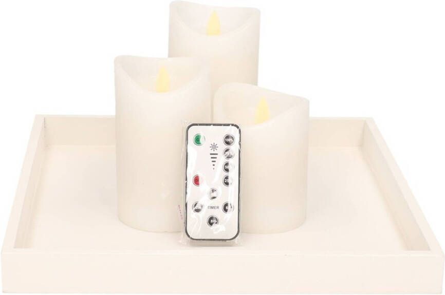 Merkloos Kaarsenonderbord plateau hout vierkant met 3x LED kaarsen wit Woonaccessoires woondecoraties Kerst tafeldocoraties Kaarsenplateaus