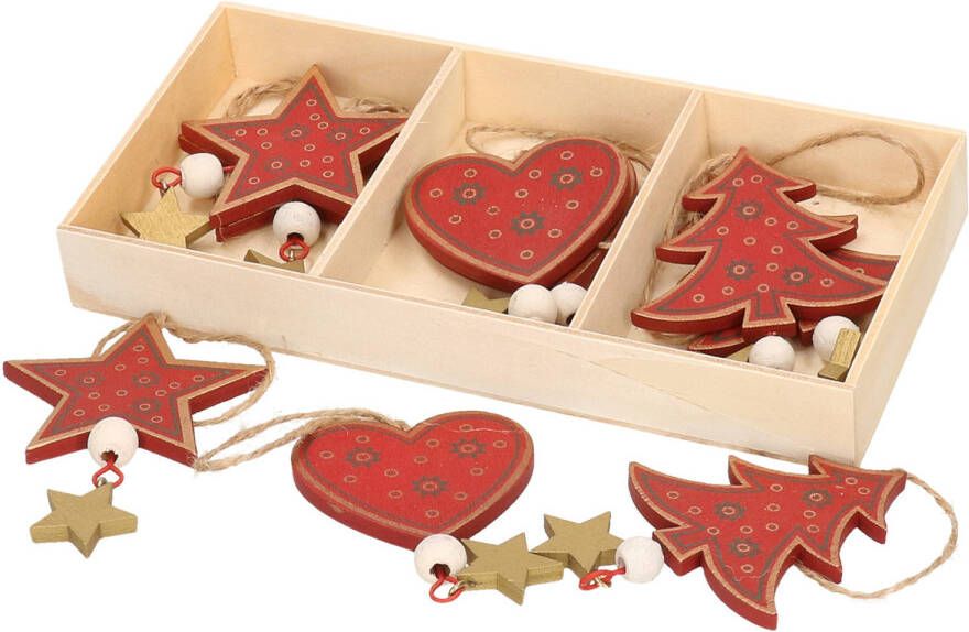 Merkloos Houten kerstboomversiering rode houten ornamenten 10 cm Kersthangers