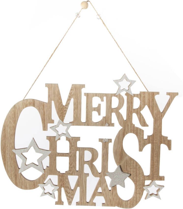Merkloos Houten kersthangers hangdecoratie bordje Merry Christmas naturel 32 cm Kersthangers