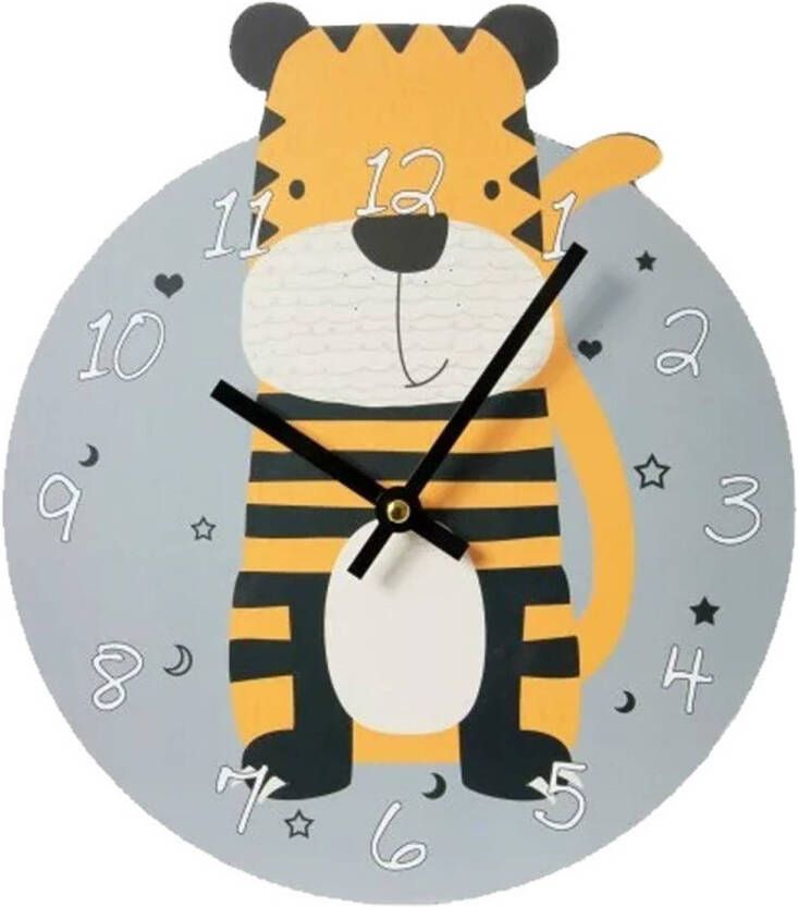 Merkloos Houten klok met tijger 26 cm voor kinderen Wandklokken