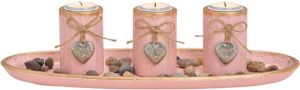 Merkloos Houten oud roze schaal met 3 waxinelicht theelicht houders met hartjes Woondecoratie Kaarsplateau Waxinelichtjeshouders