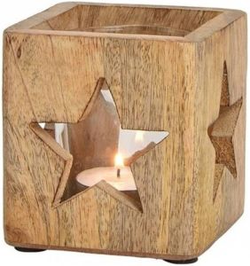 Merkloos Houten windlichtjes theelichthouders met sterren 9 cm Kerstdecoratie waxinelicht houders Waxinelichtjeshouders