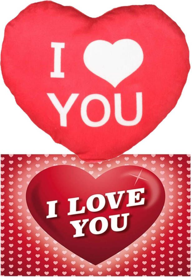Merkloos I Love You Set Hartjes kussen met ansichtkaart Rood 20 cm Sierkussens