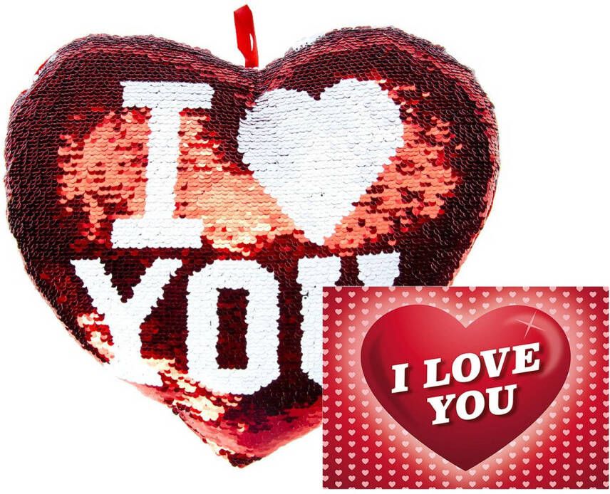 Merkloos I Love You Set Pailletten hartjes kussen met ansichtkaart Metallic Rood 35cm Sierkussens