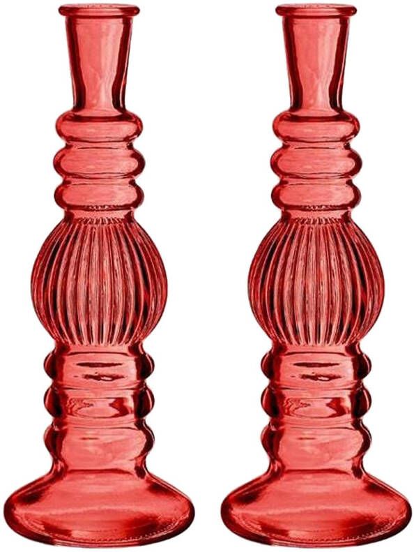 Merkloos Kaarsen kandelaar Florence 2x koraal rood glas ribbel D8 5 x H23 cm kaars kandelaars