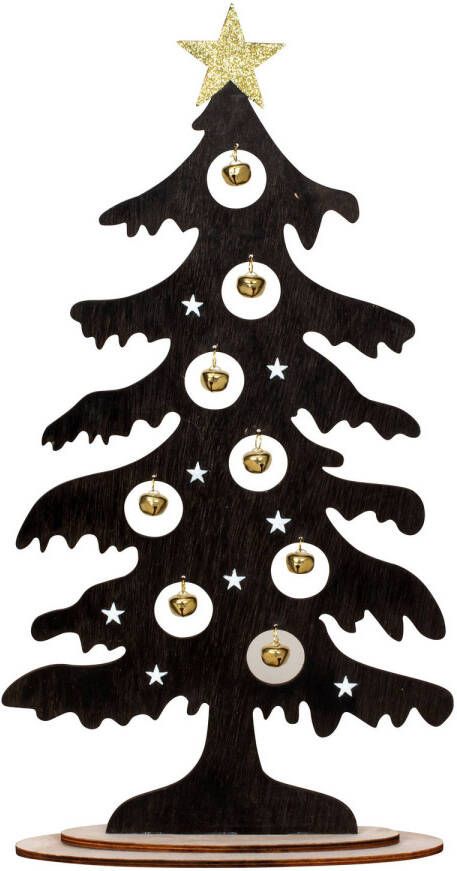 Merkloos IKO Decoratie kerstboompje zwart hout met belletjes 44 5 cm Houten kerstbomen