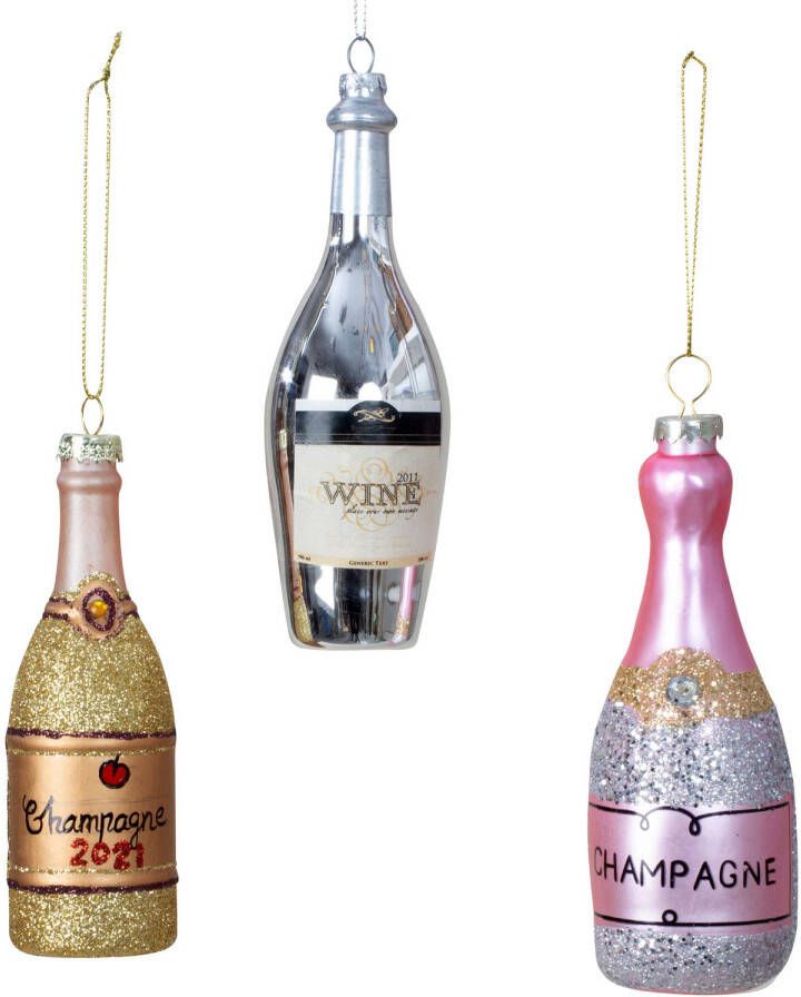 Merkloos IKO kersthangers drank 3x- glas wijn en champagne flessen Kersthangers
