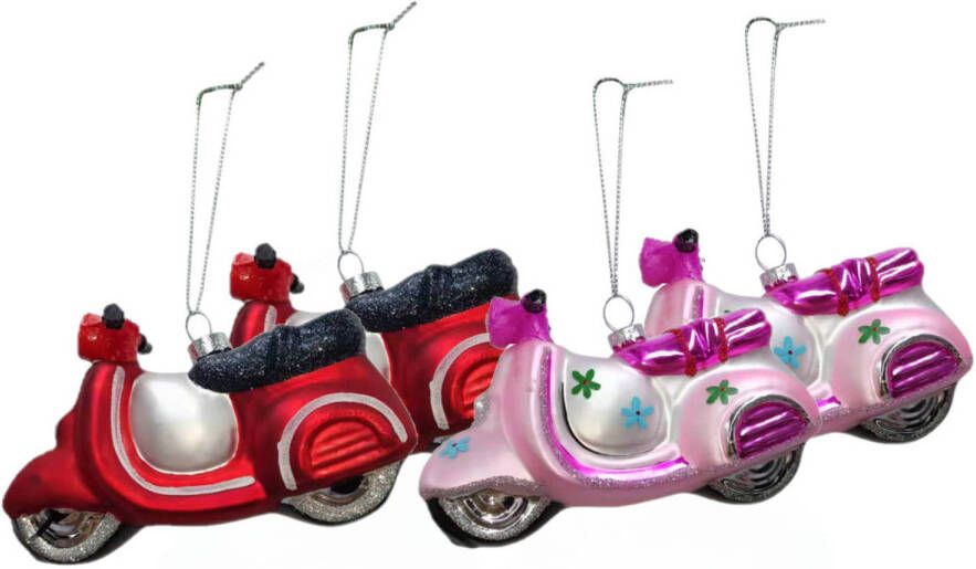 Merkloos IKO Kersthangers scooters 4x st roze en rood 11 5 cm glas Kersthangers