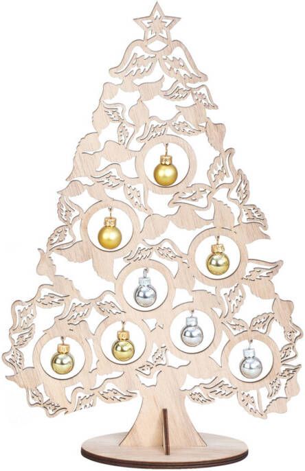 Merkloos IKO Kleine decoratie kerstboom hout met kerstballen 38 5 cm Houten kerstbomen