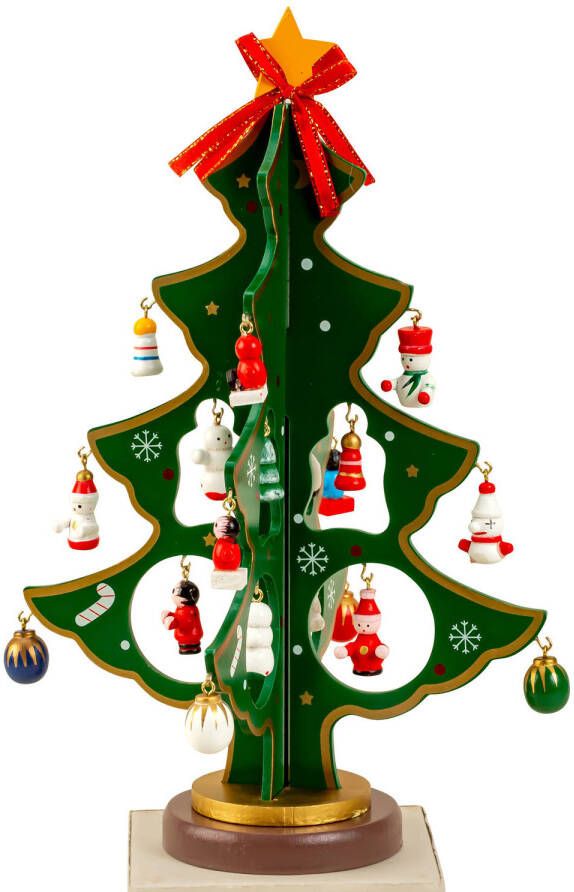 Merkloos IKO Kleine decoratie kerstboomp met ornamenten hout 25 cm Houten kerstbomen