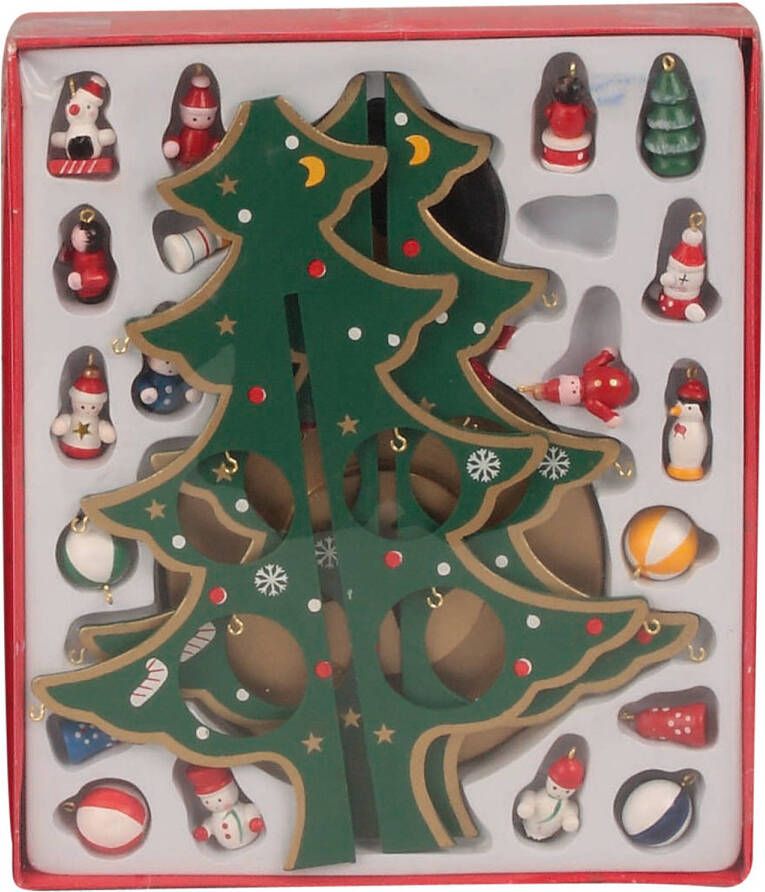 Merkloos IKO Kleine decoratie kerstboomp met ornamenten hout 28 cm Houten kerstbomen