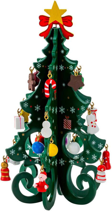 Merkloos IKO mini decoratie kerstboompje met ornamenten hout 19 cm Houten kerstbomen