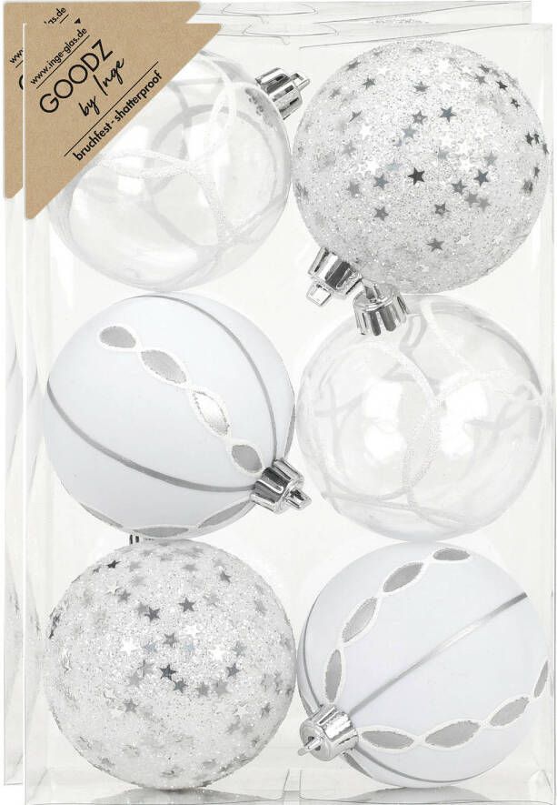 Merkloos Inge Christmas Goodz kerstballen -12x st- 8 cm -kunststof zilver wit Kerstbal