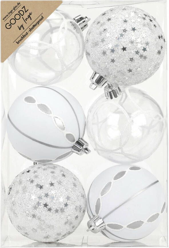 Merkloos Inge Christmas Goodz kerstballen 6x st- 8 cm kunststof zilver wit Kerstbal