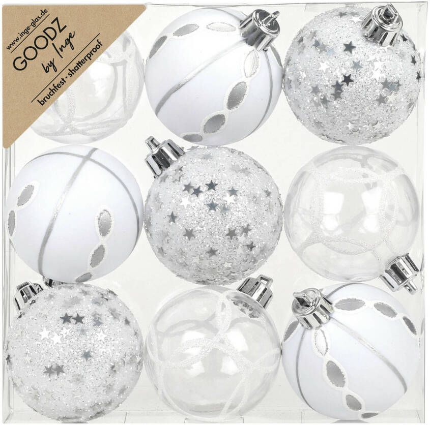 Merkloos Inge Christmas Goodz kerstballen 9x st- 6 cm kunststof zilver wit Kerstbal